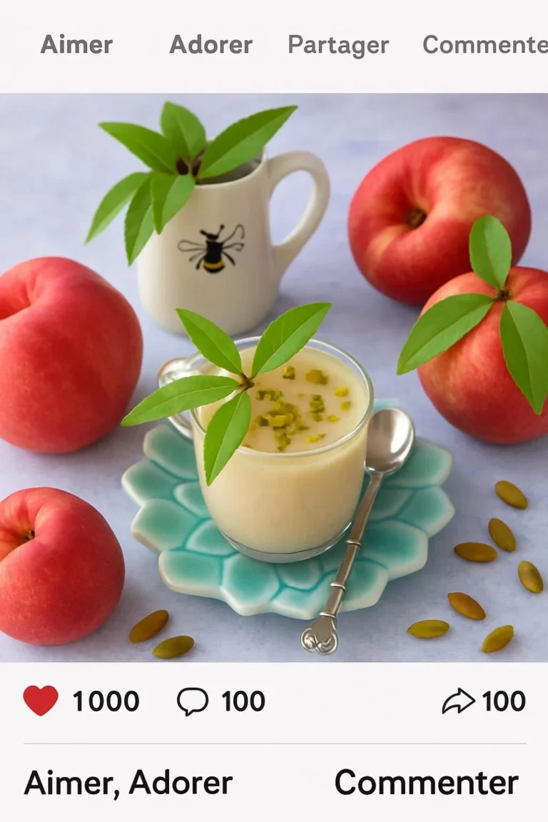 Cappuccino de pêches aux pistaches, dessert crémeux et fruité