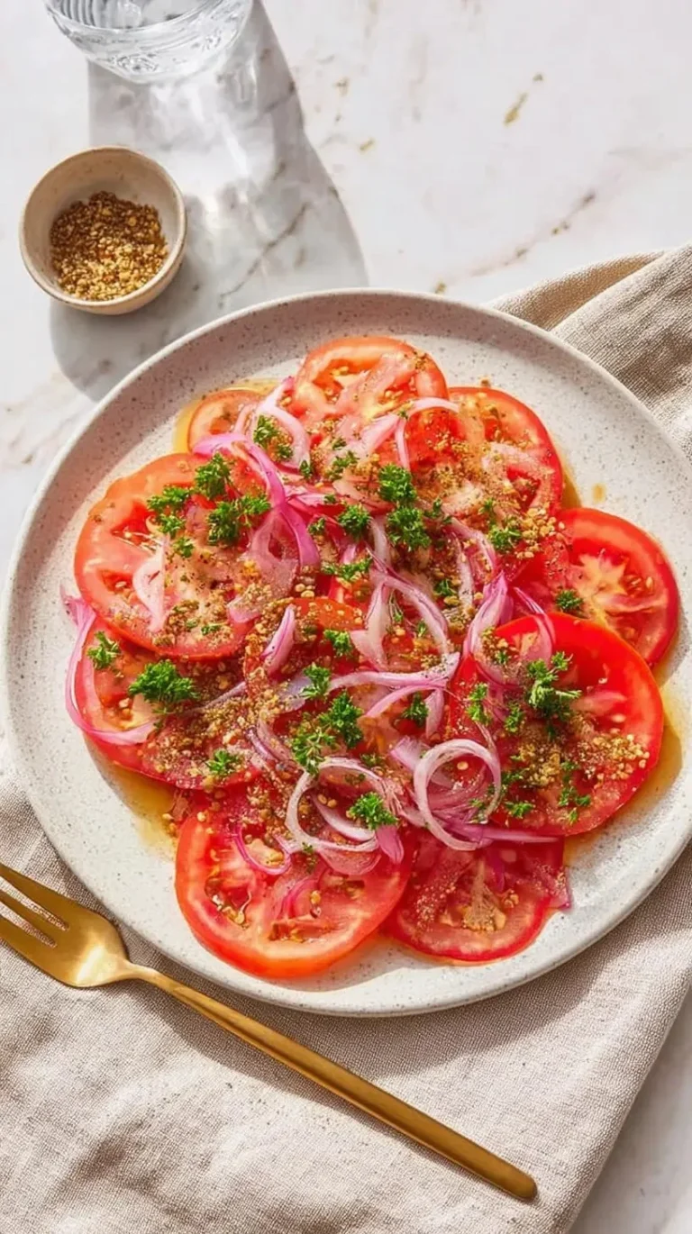 Plat de carpaccio de tomates avec caviar de moutarde présenté élégamment.