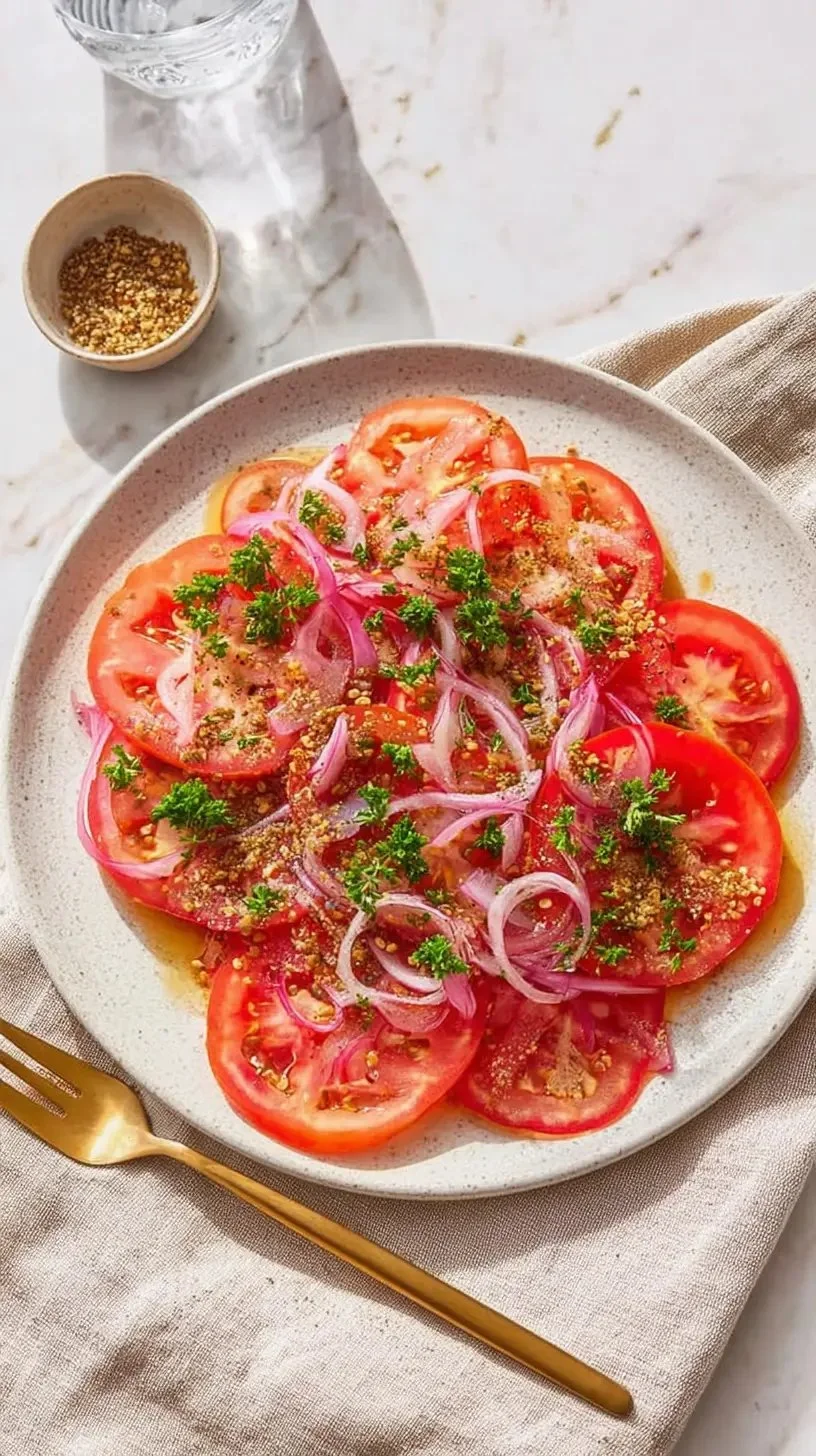 Plat de carpaccio de tomates avec caviar de moutarde présenté élégamment.