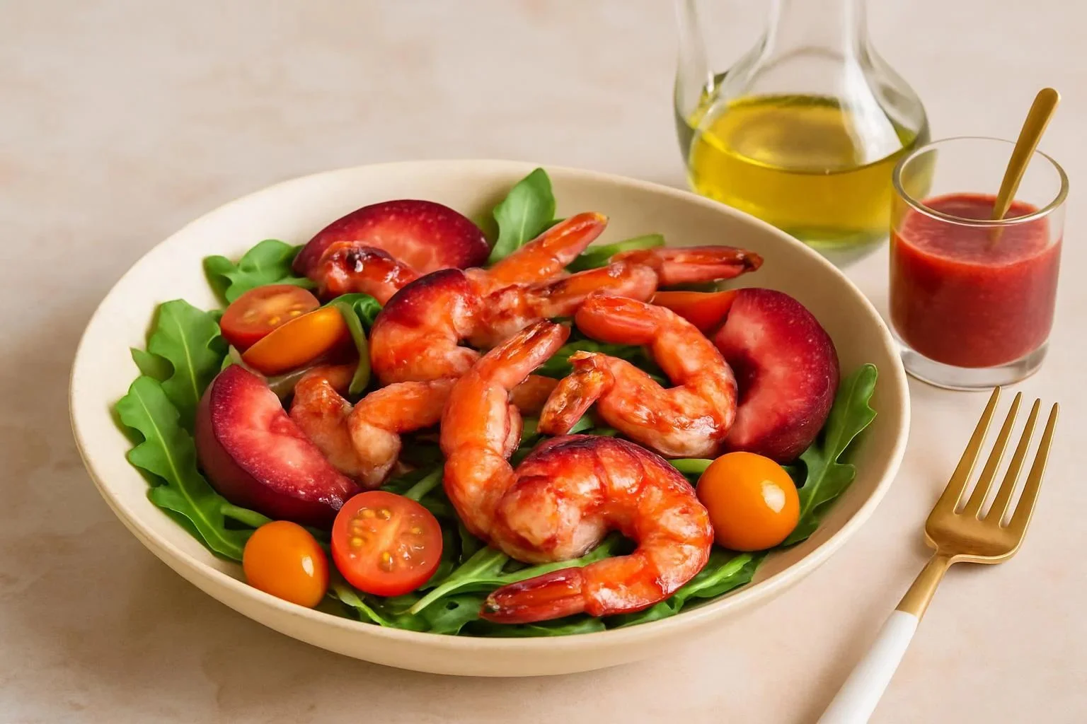Crevettes sautées avec pêches sucrées et tomates cerises sur une assiette