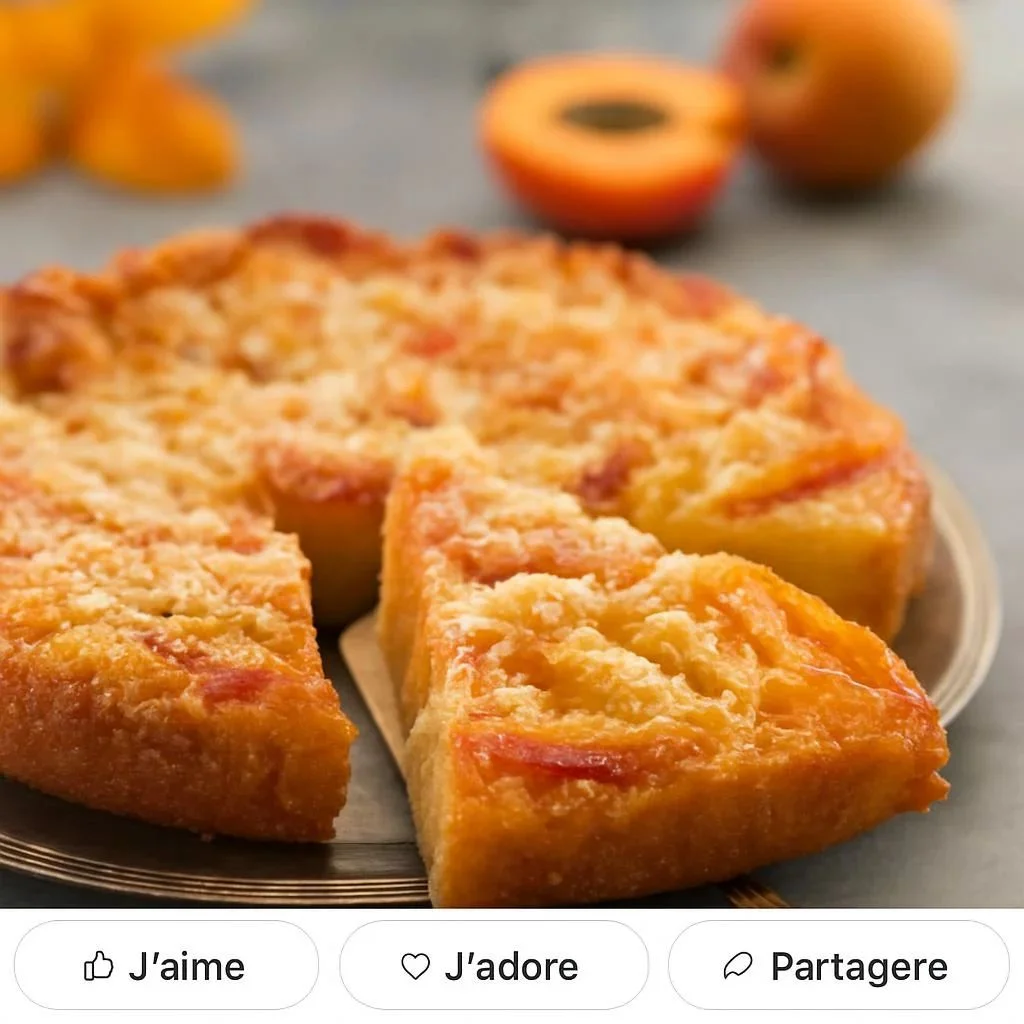 Un gâteau aux pêches fraîchement cuit avec des tranches de pêche sur le dessus.