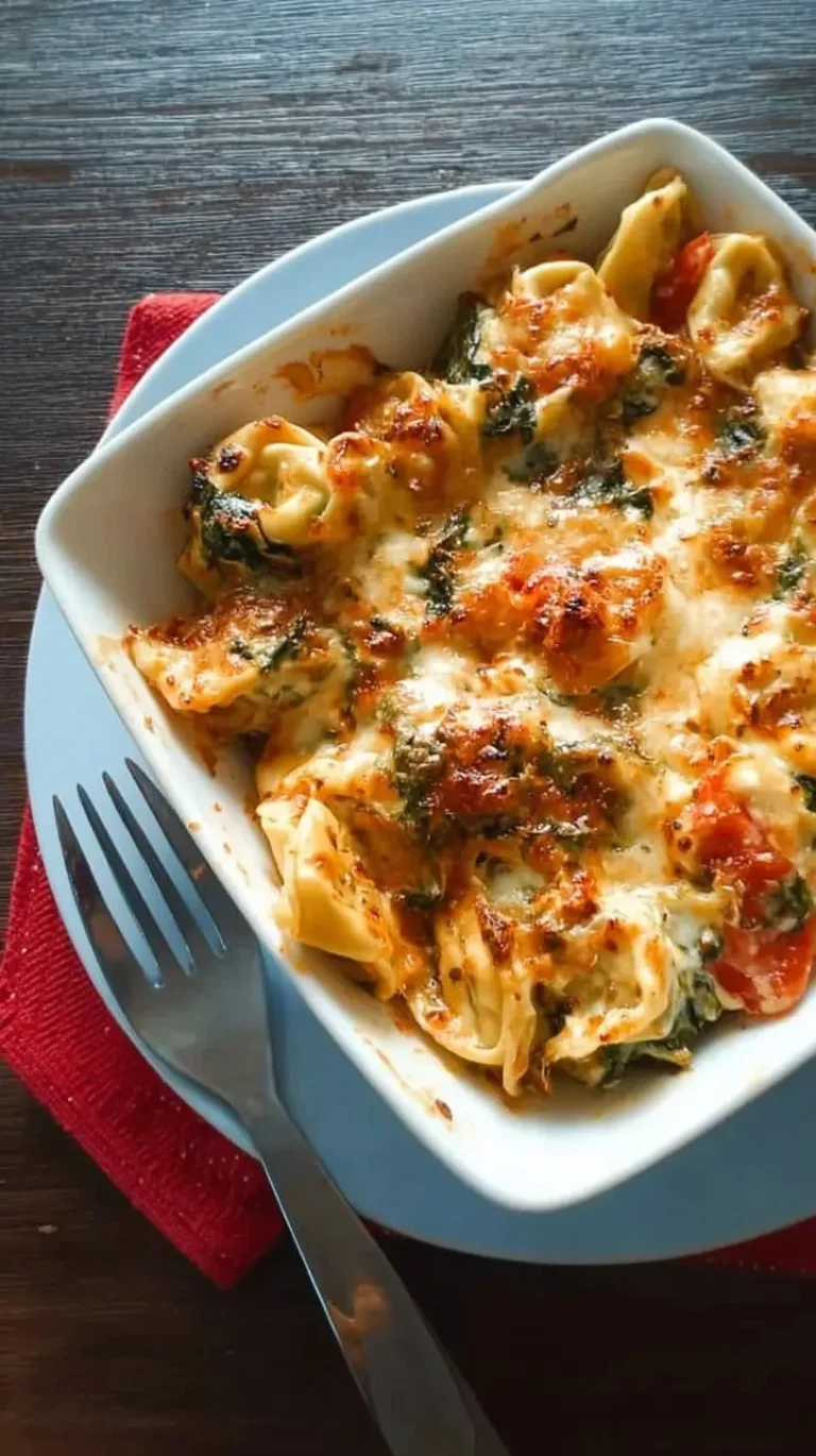 Gratin de tortellini aux épinards et ricotta dans un plat de cuisson