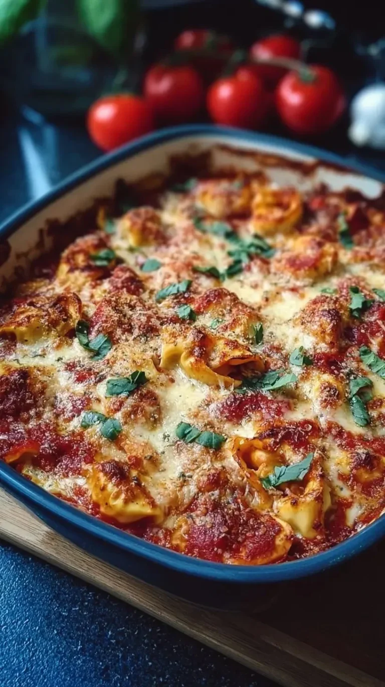 Gratin de tortellinis à la sauce tomate, prêt à être servi dans un plat chaud.