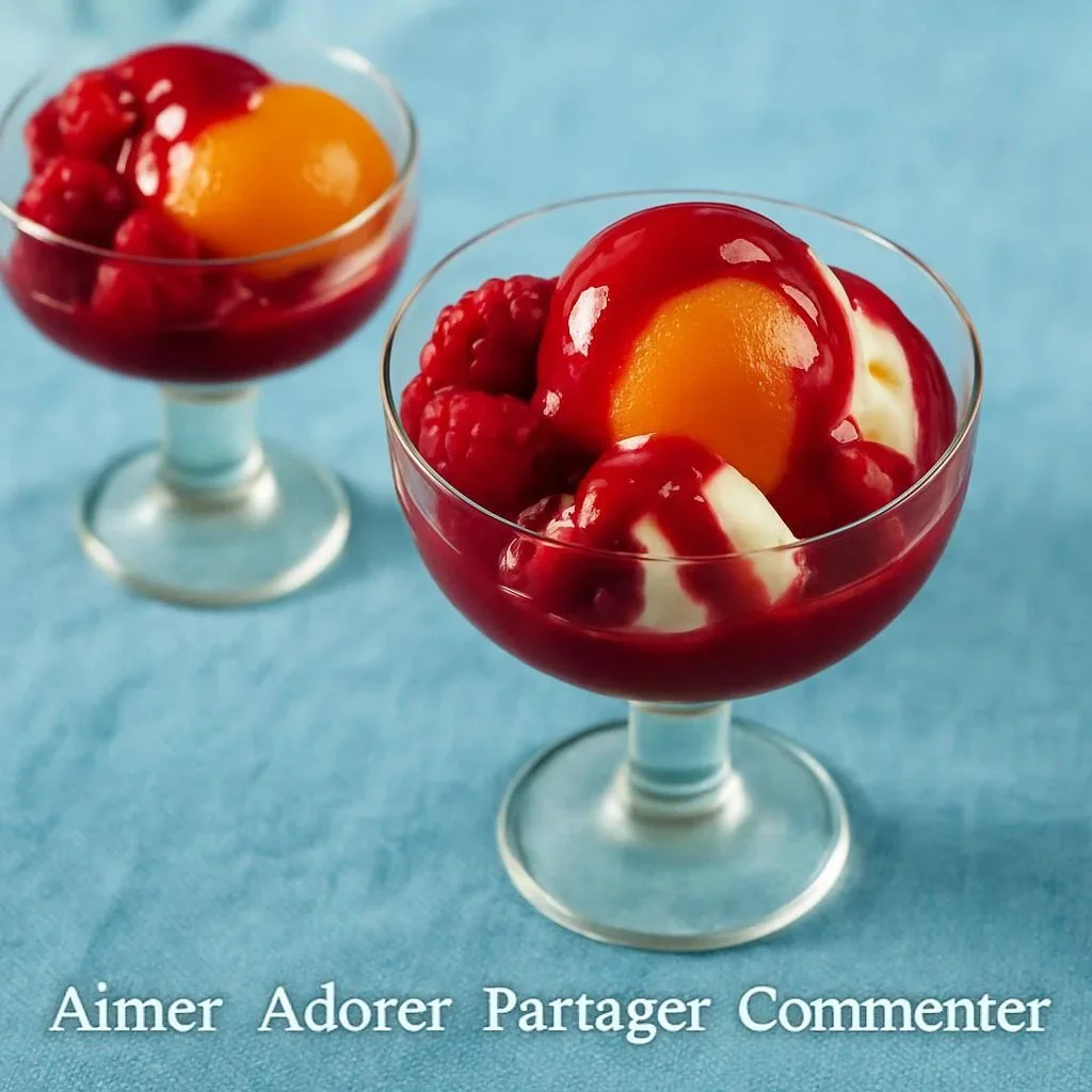 Dessert Pêche Melba avec pêches, glace et coulis de framboise.