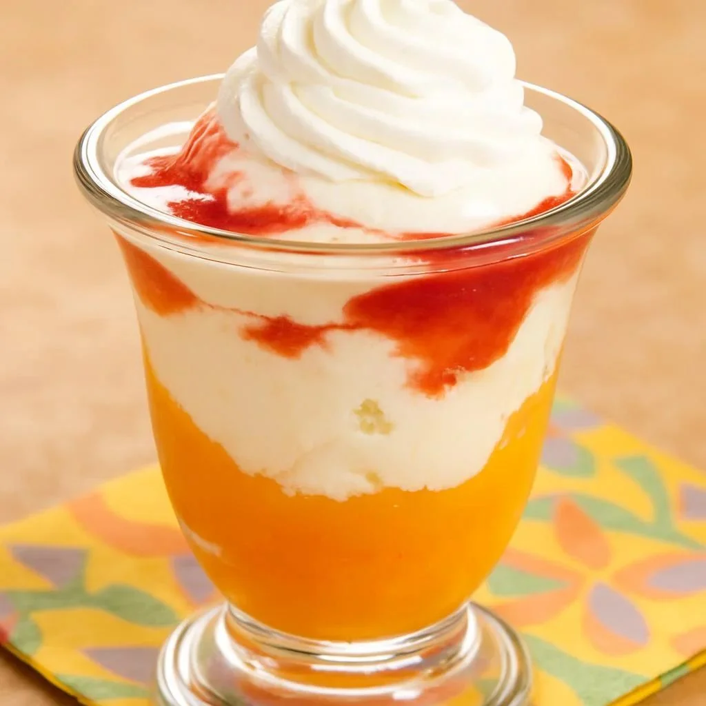 Dessert Pêche Melba avec pêches, glace vanille et coulis de framboise