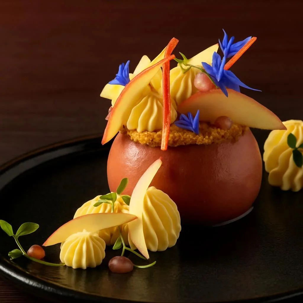 Pêches pochées à la verveine servies dans une assiette élégante