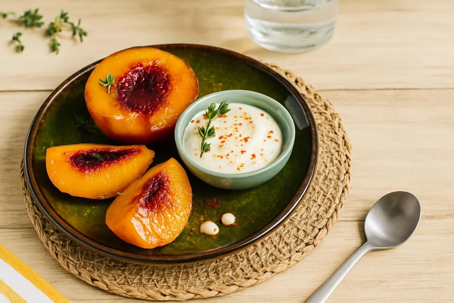 Pêches rôties au miel accompagnées de crème d'Isigny AOP et piment d'Espelette