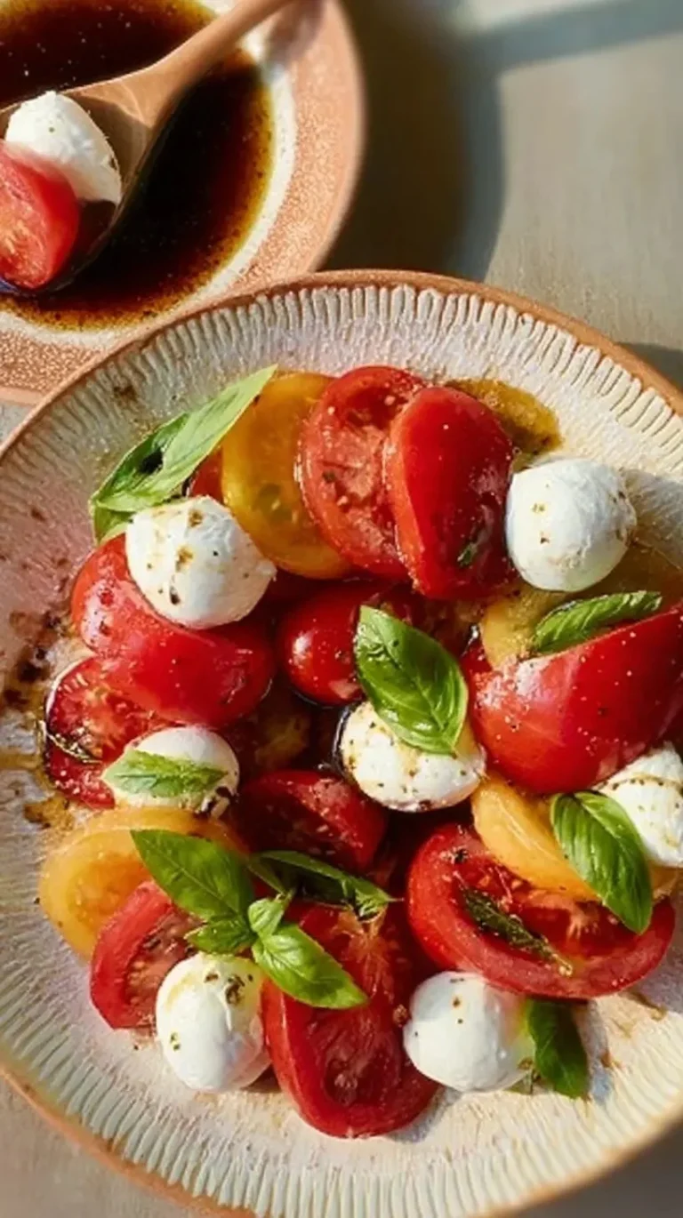 Salade caprese sucrée-salée avec tomates, mozzarella et basilic
