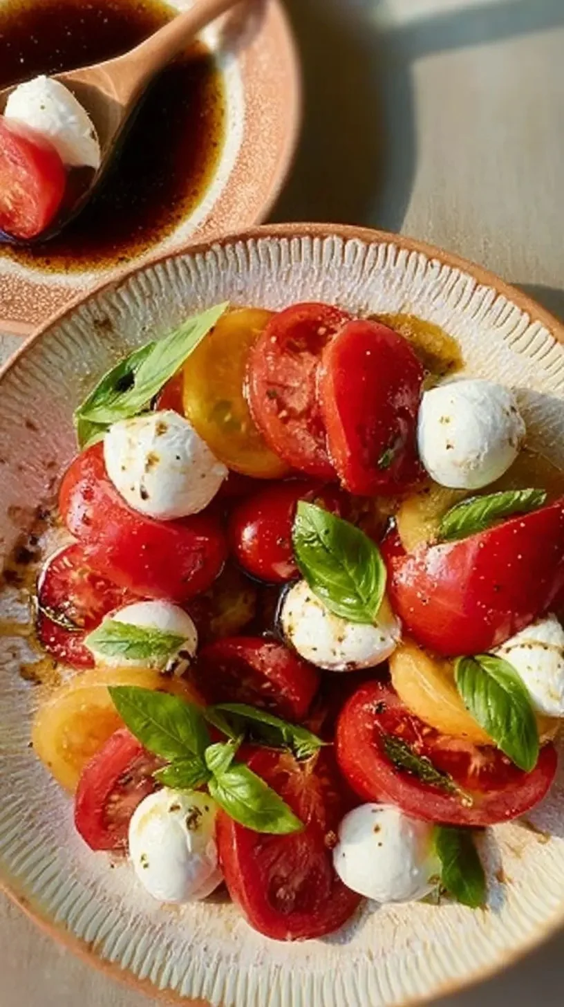 Salade caprese sucrée-salée avec tomates, mozzarella et basilic