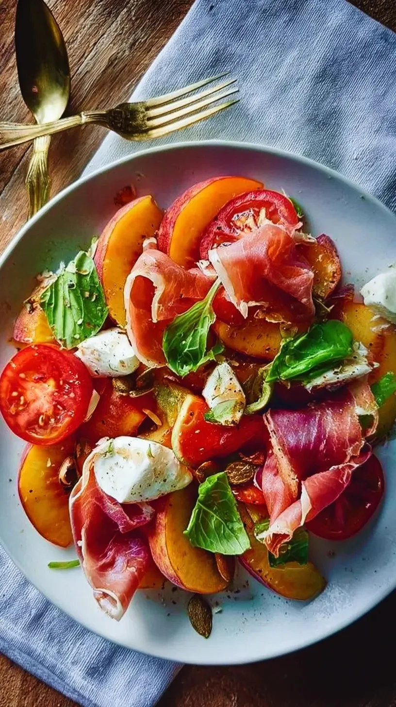 Salade estivale avec pêches rôties et jambon de Parme sur une assiette