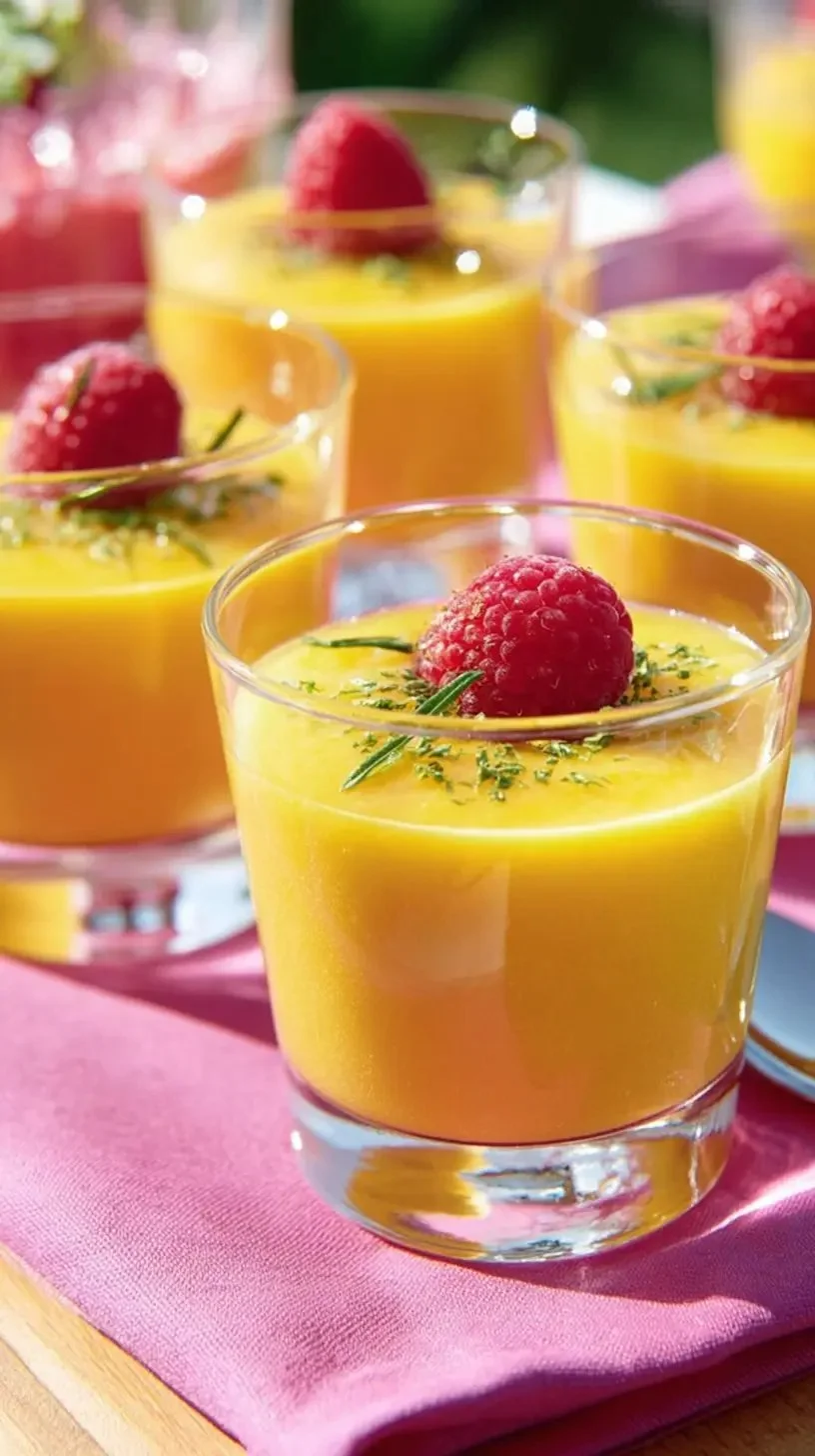 Soupe de pêches servie dans un bol coloré avec des morceaux de fruits frais.