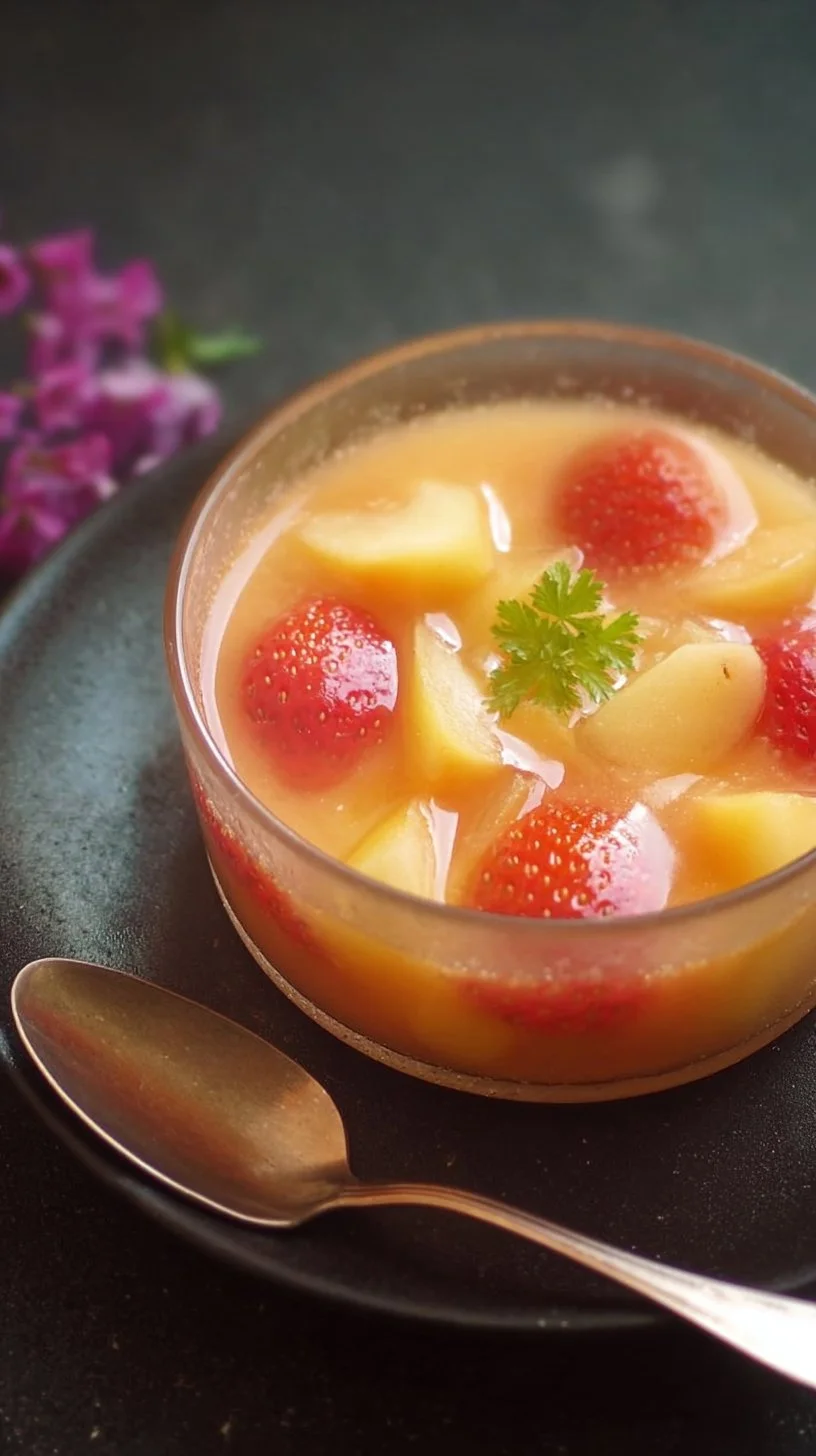Soupe de pêches au muscat servie dans un bol élégant