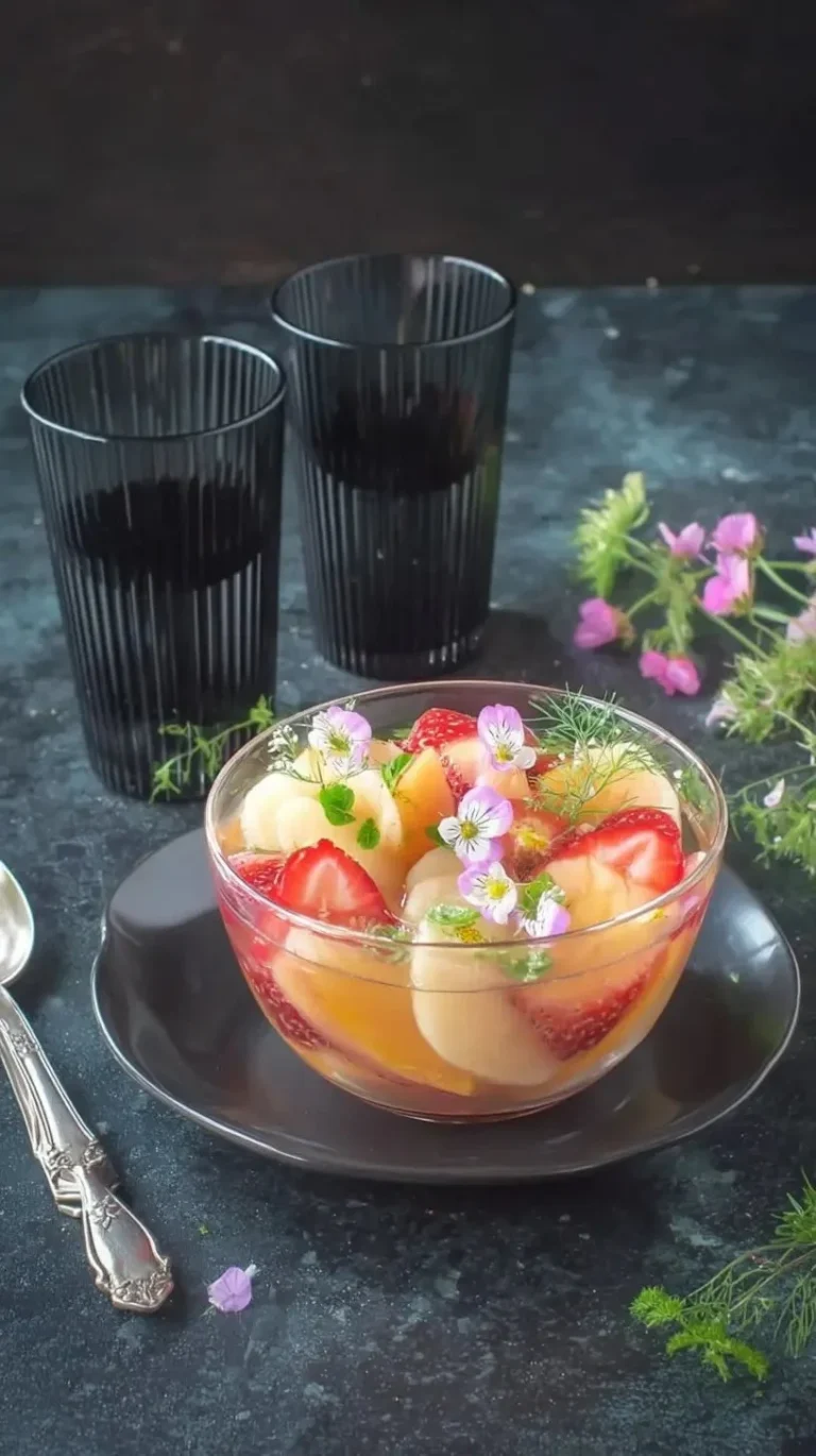 Soupe de pêches au muscat servie dans un bol élégant