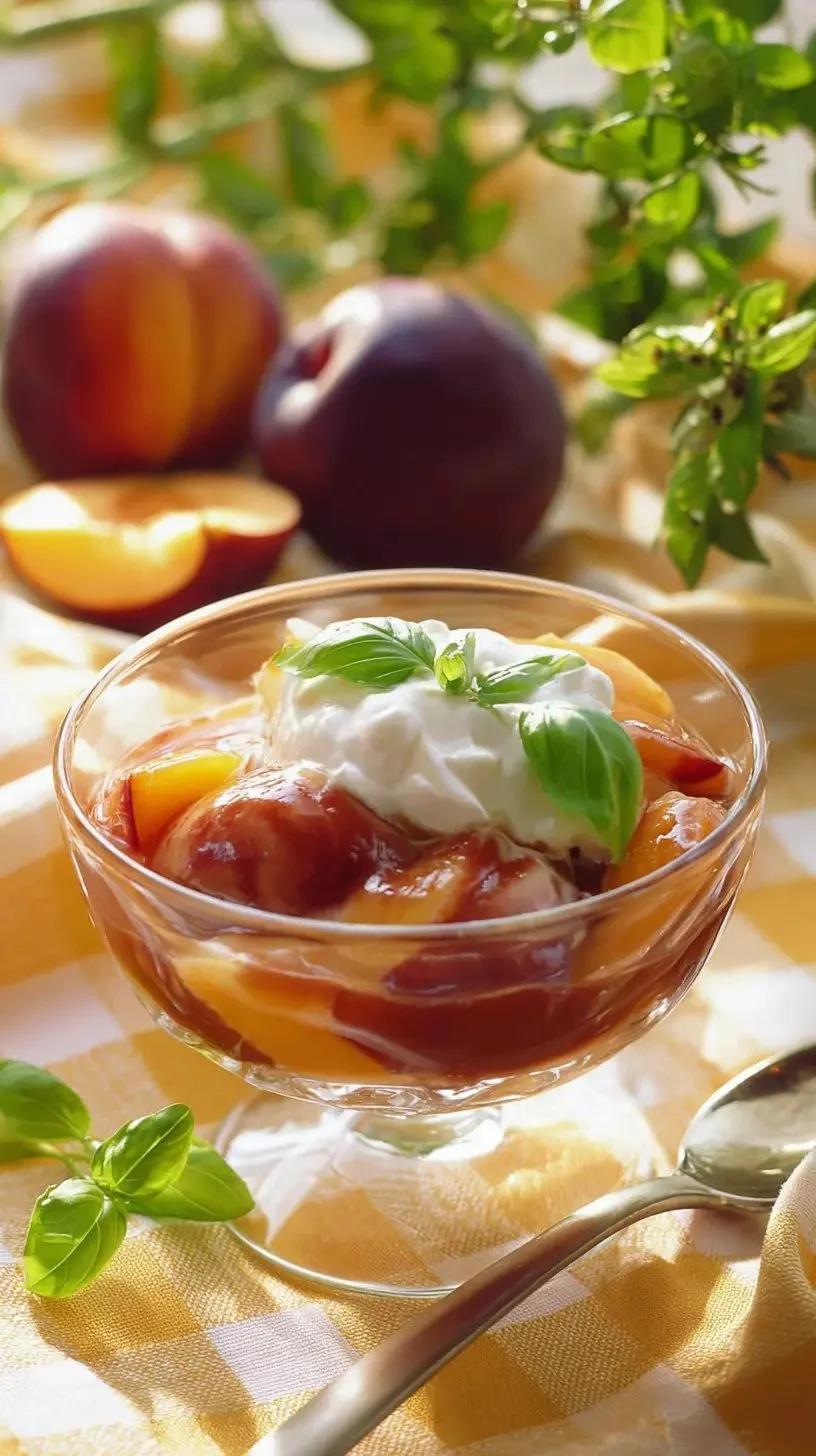Soupe de pêches servie avec jus de groseille et glace à la menthe