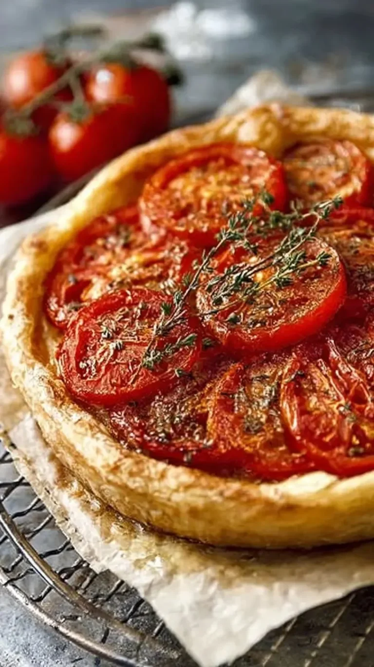 Tarte feuilletée à la tomate garnie de légumes frais et d'herbes aromatiques