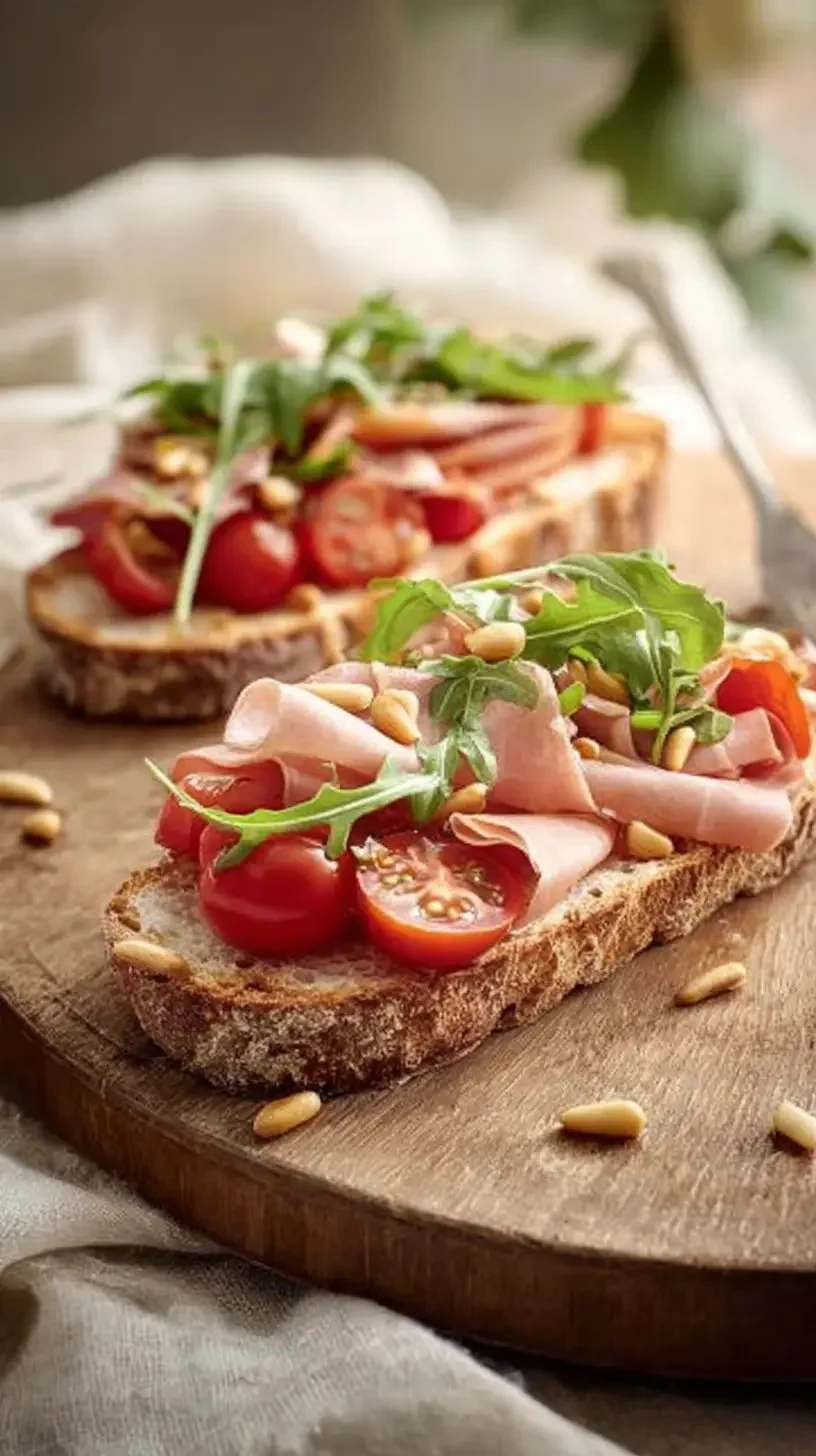 Tartines au jambon avec caviar de tomate et basilic frais
