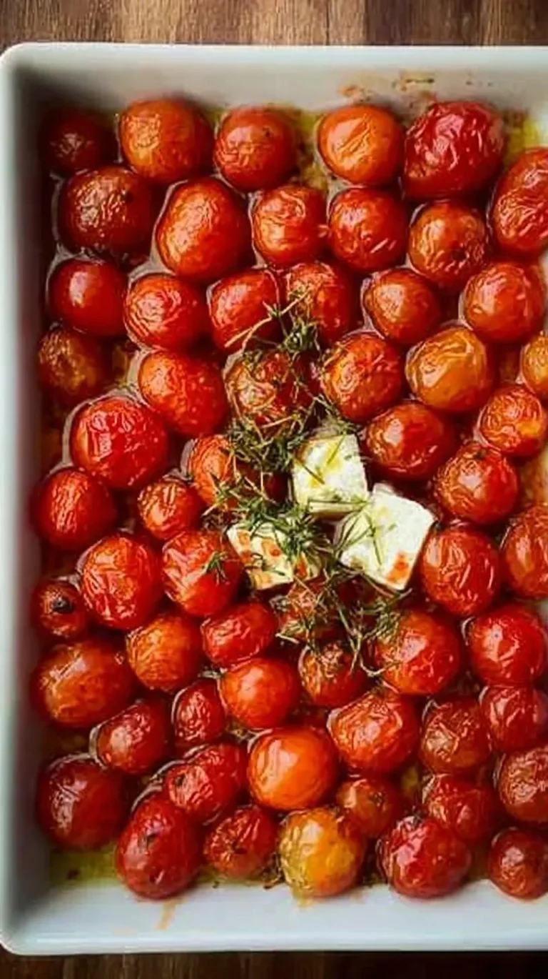 Tomates cerise rôties avec de la feta dans un plat savoureux