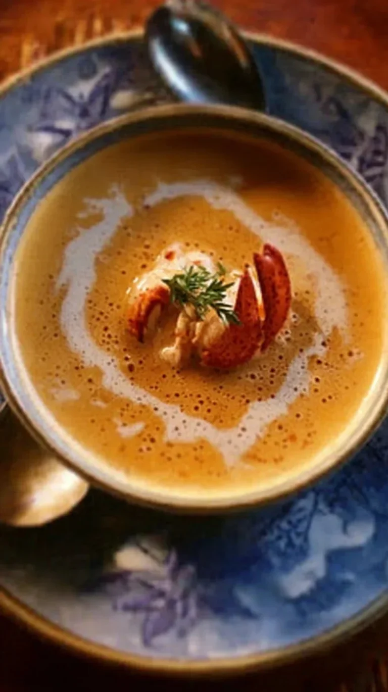 Soupe raffinée de bisque de homard minceur servie dans un bol élégant.