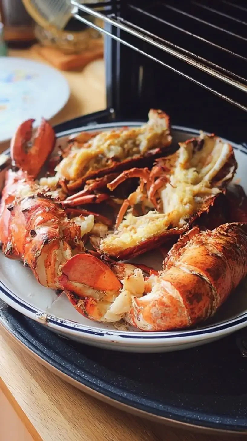 Homard cuit au four, prêt à être servi avec garnitures savoureuses.