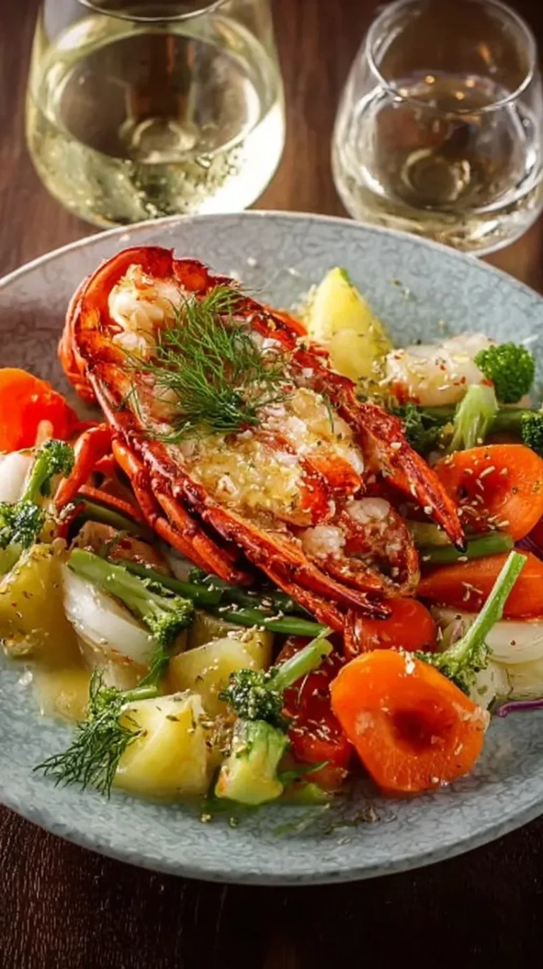 Demi-homard avec légumes et sauce champagne dans une assiette élégante