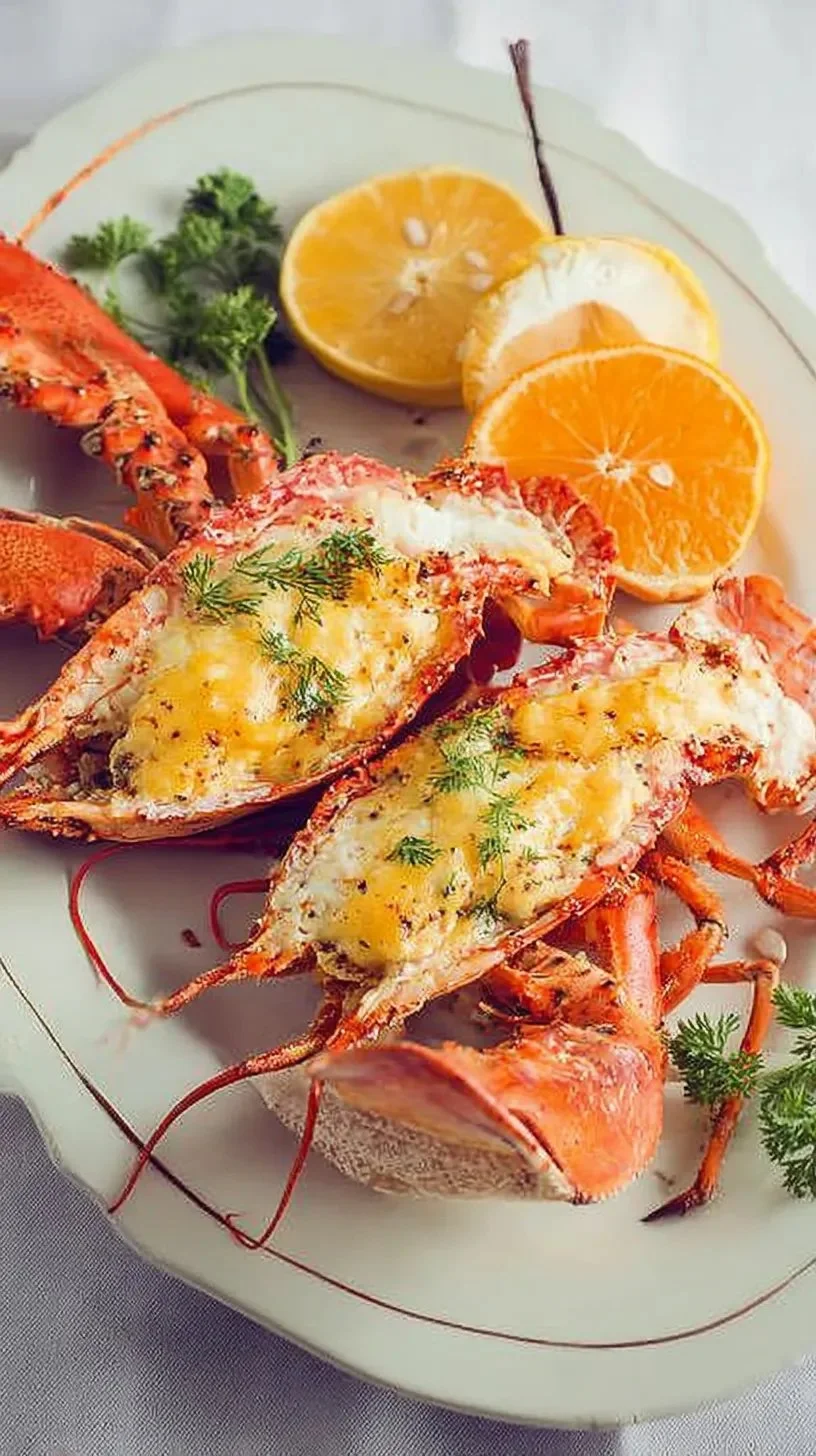 Demi-homards au four avec beurre d'orange, un plat gourmet savoureux.