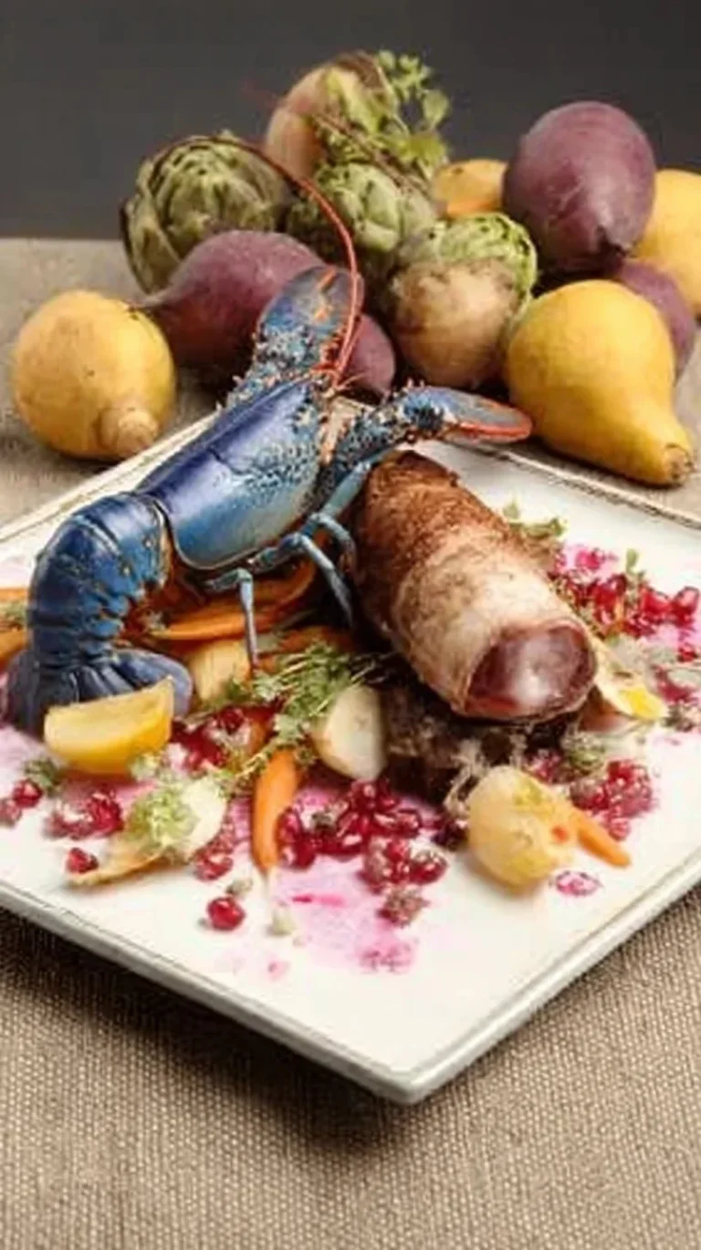 Duo de homard bleu et pigeon avec légumes et fruits d’automne croquants
