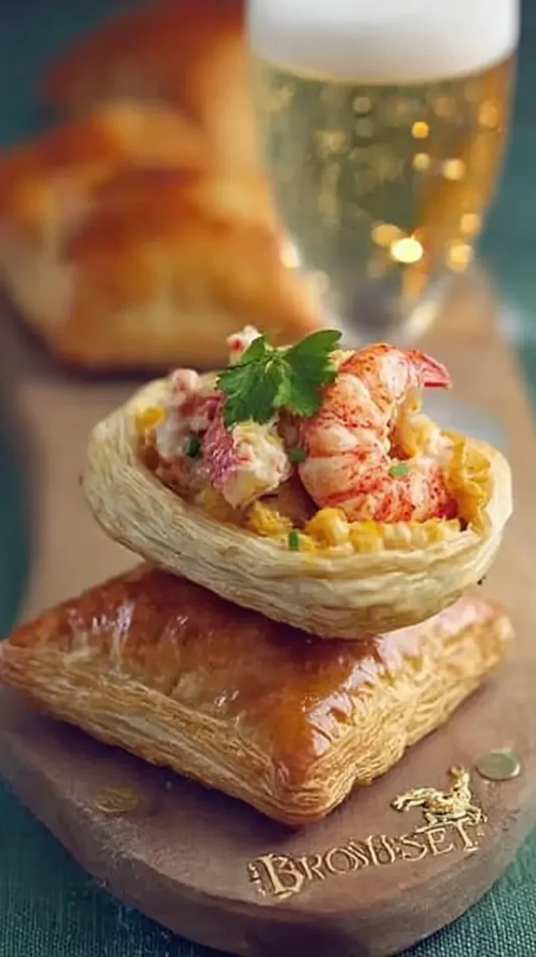 Feuilletés de homard dorés et appétissants, parfaits pour une entrée raffinée.