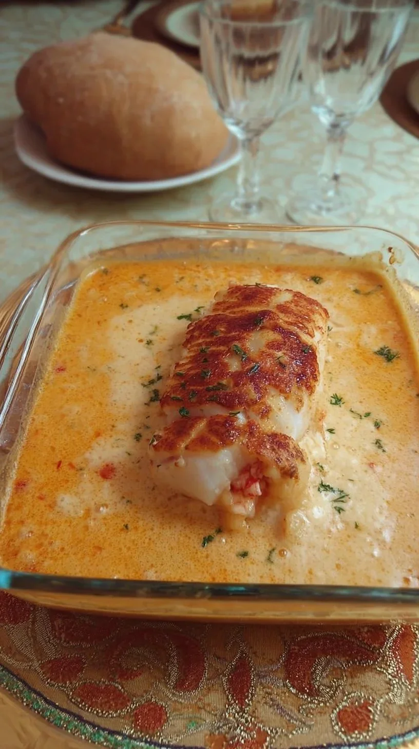 Filet de perche servi avec une bisque de homard délicieuse et raffinée.