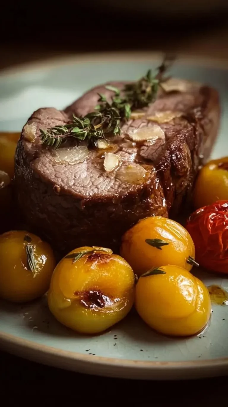 Filet mignon aux mirabelles frais et juteux, plat gastronomique français.