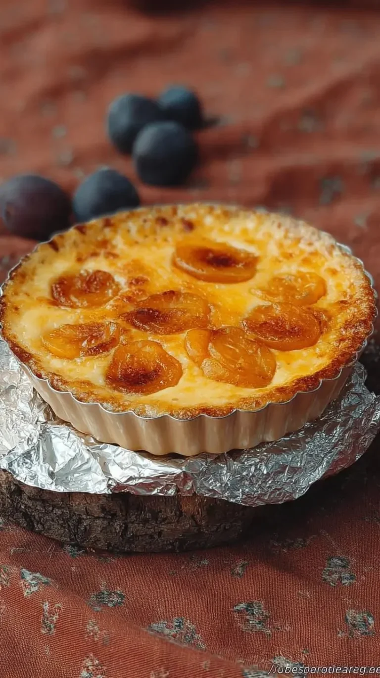 Flognarde aux mirabelles, un dessert moelleux et savoureux avec des fruits jaunes.