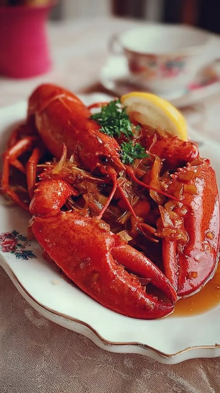 Plat de Homard à l'Armoricaine garni de sauces savoureuses.