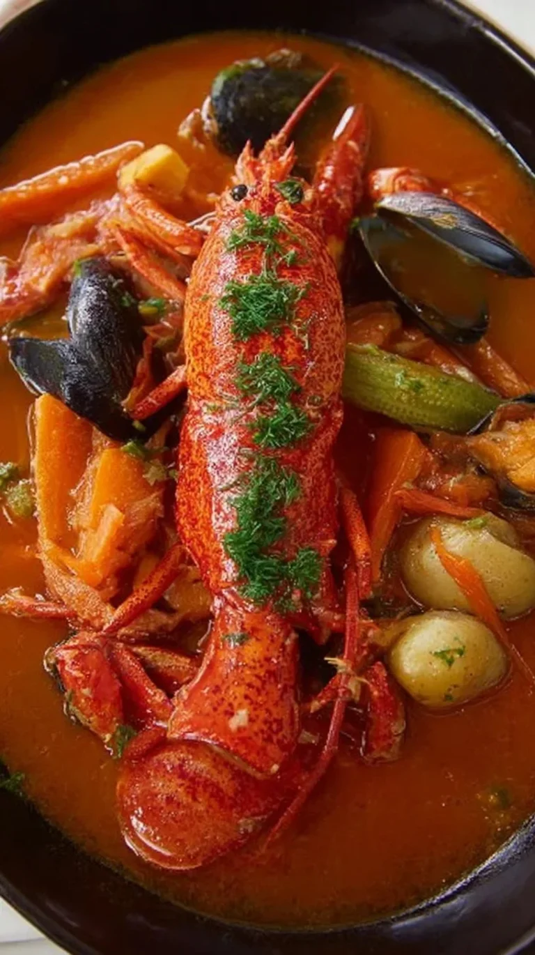 Plat de homard à l'américaine servi avec des légumes et fumet de poisson