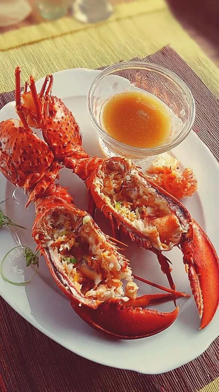 Homard à l'armoricaine servi dans une assiette, plat gastronomique français.