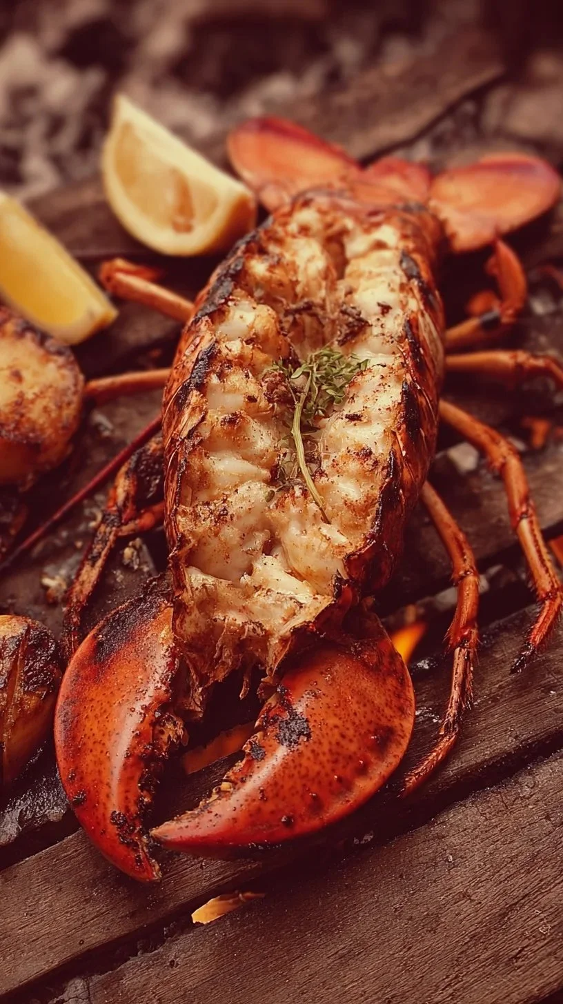 Homard grillé au barbecue servi avec des garnitures savoureuses.