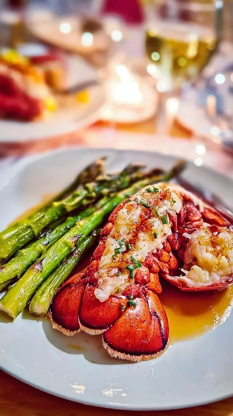 Homard au beurre demi-sel avec vin rouge et asperges vertes dans une assiette élégante