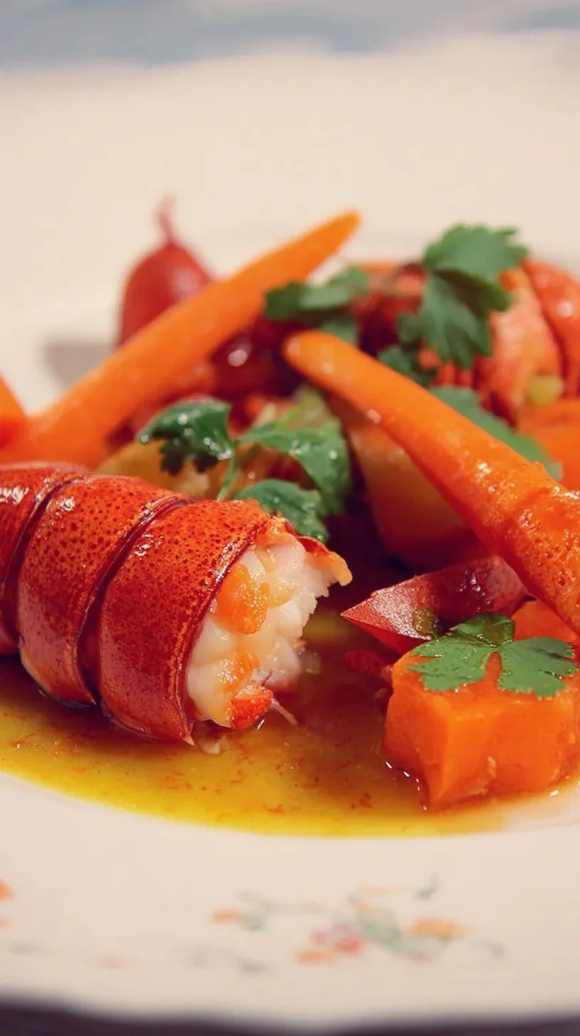 Homard servi avec carottes acidulées et coriandre dans un jus corsé.