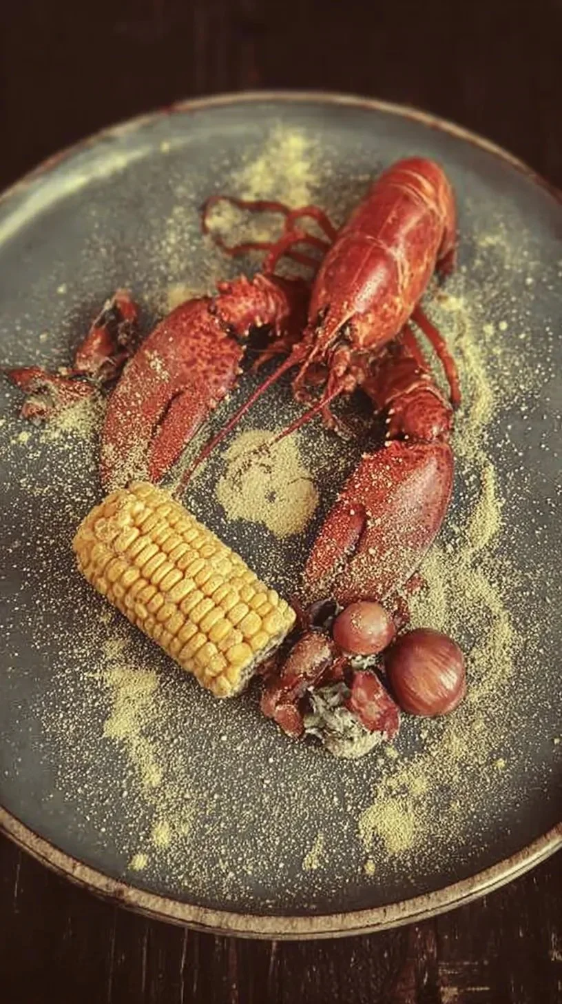 Plat de homard accompagné de corail et textures de maïs en présentation gastronomique.