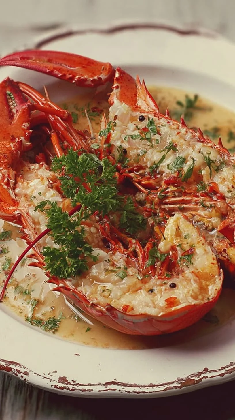 Homard en sauce savoureux, prêt à être servi dans un plat élégant.