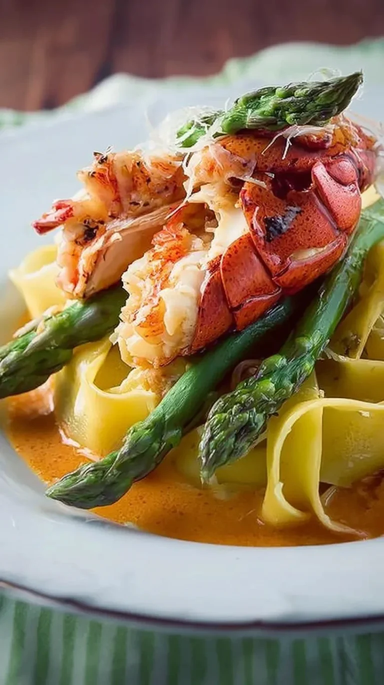 Homard en sauce servi avec tagliatelles et asperges vertes, plat gourmet