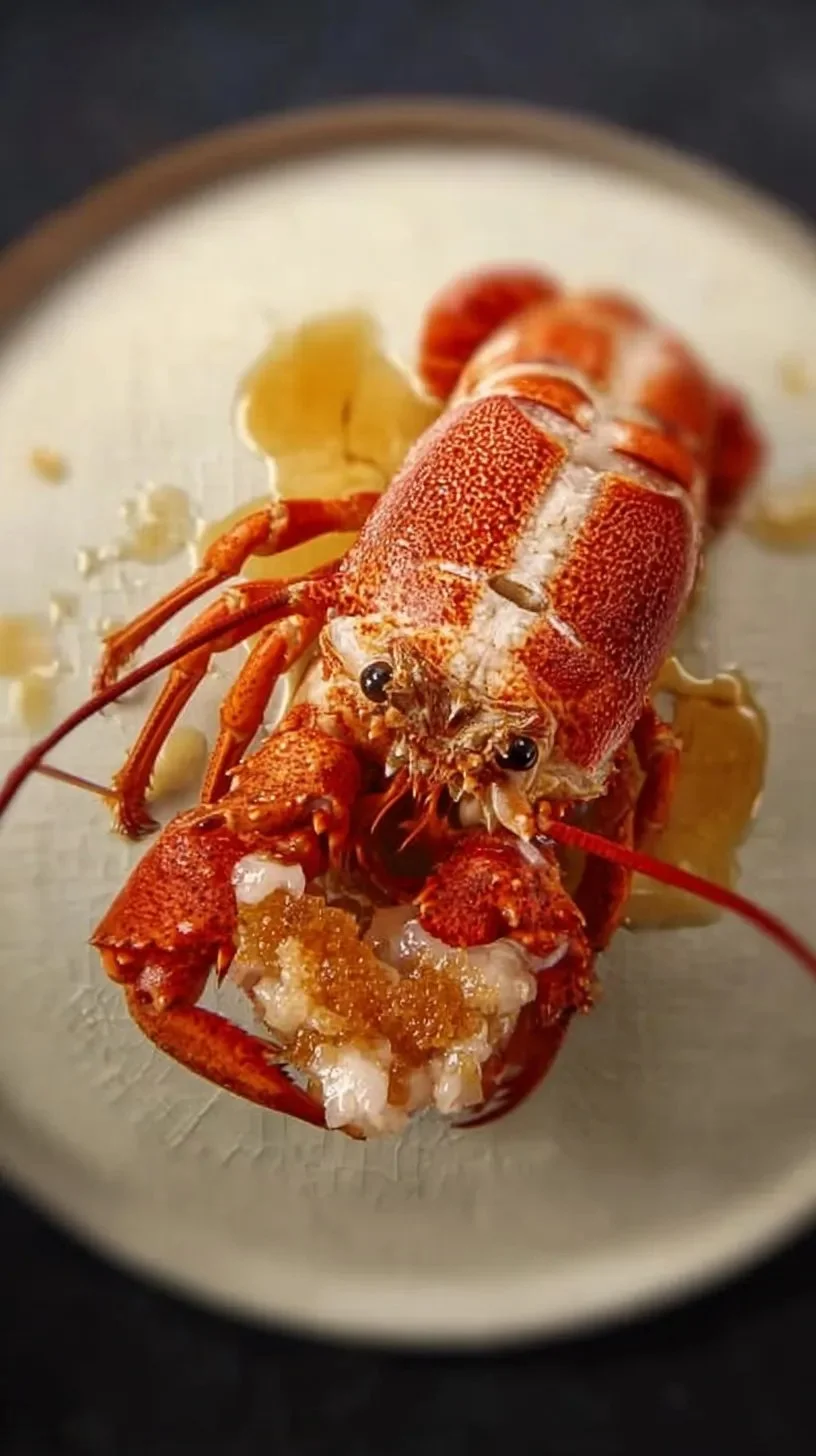 Homard préparé avec huile de tête de foie gras, plat gourmet.