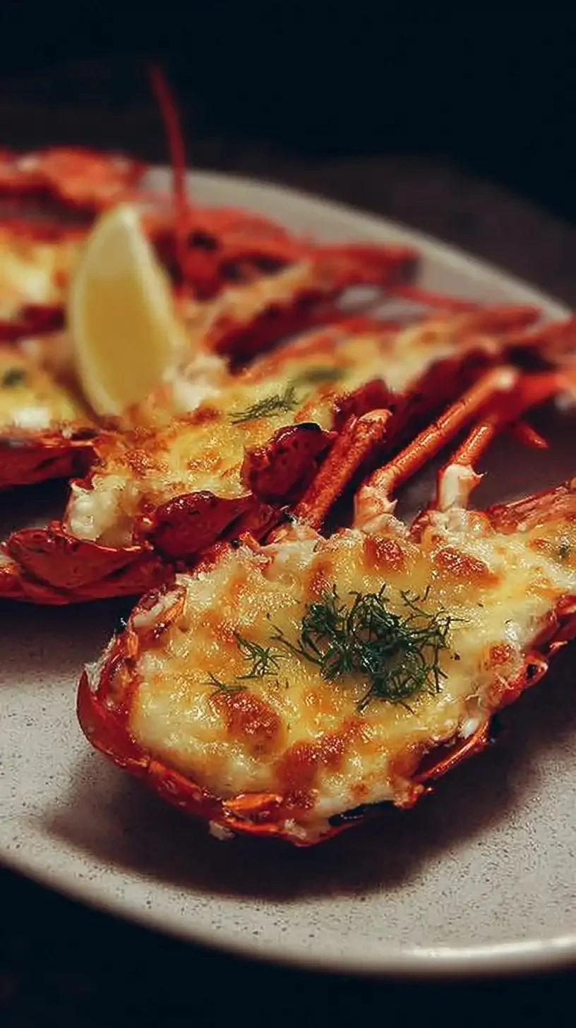 Homard gratiné savoureux avec une croûte dorée et croustillante