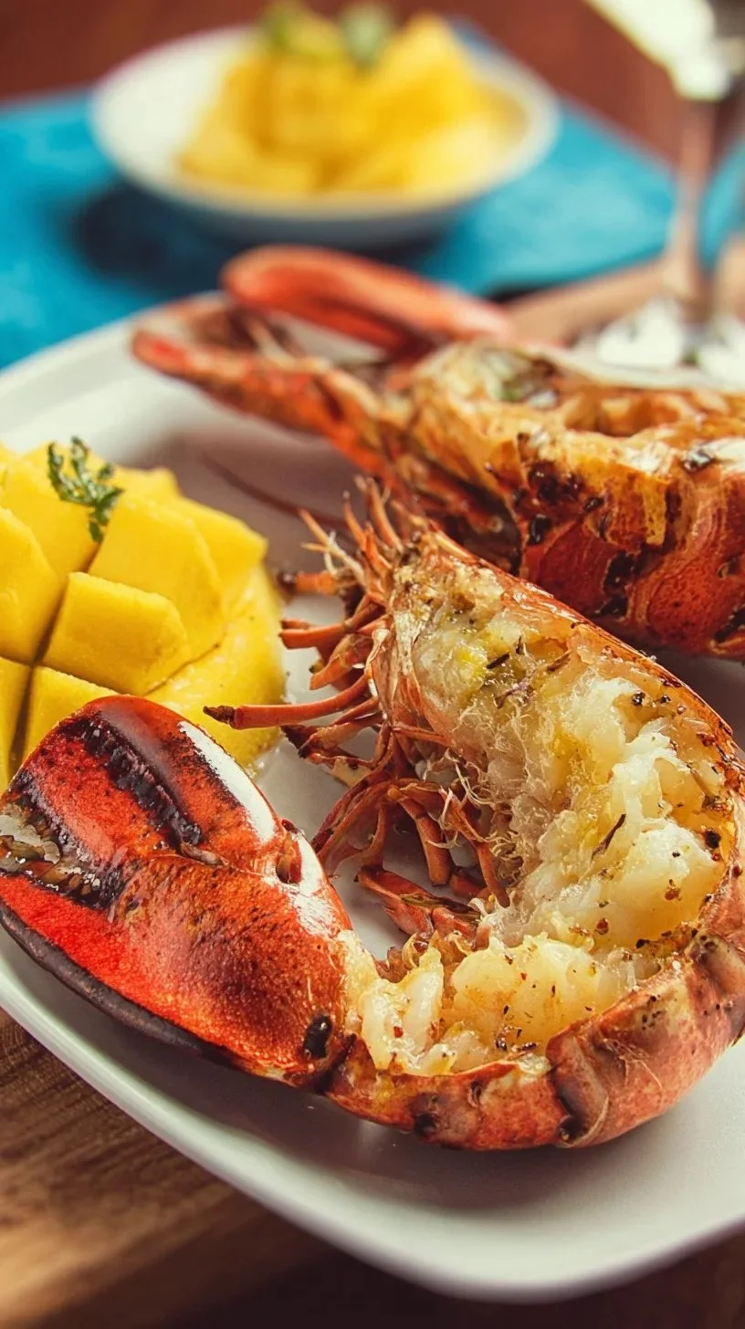 Homard grillé servi avec une sauce à la mangue et garnitures fraîches.
