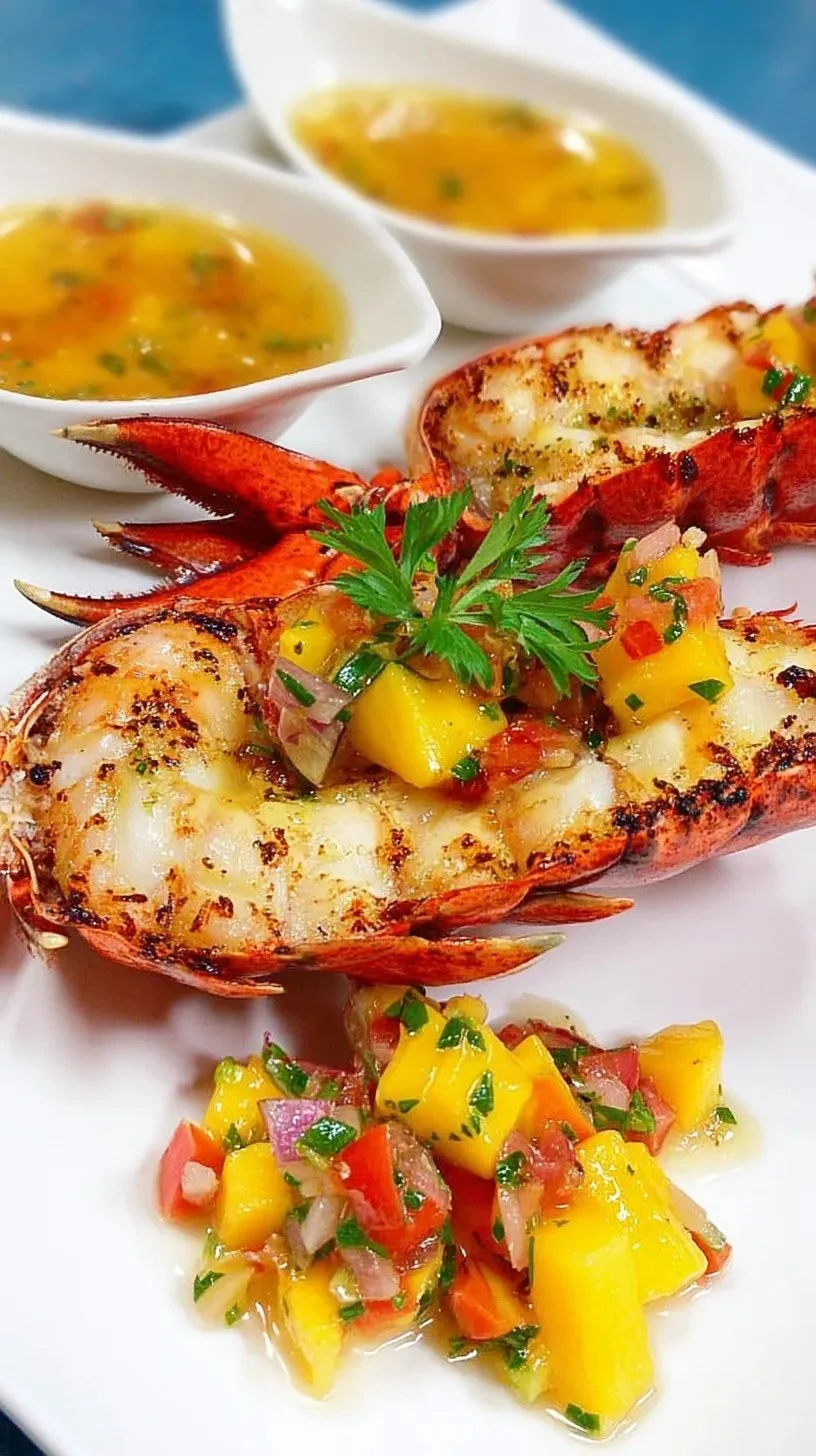 Homard grillé servi avec une salsa de mangues colorée et appétissante.