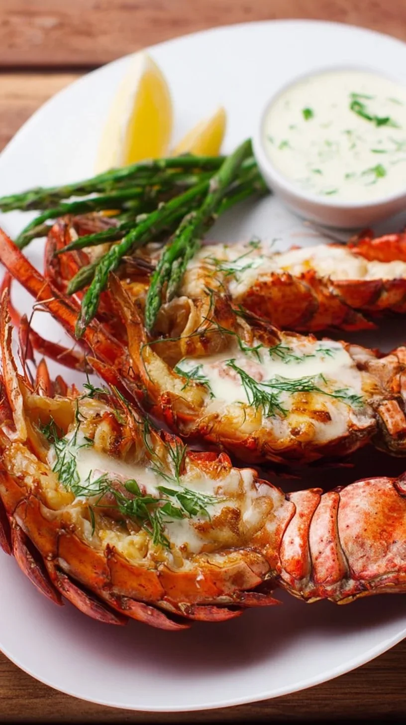 Homard grillé avec sauce crémeuse à l'estragon sur une assiette gourmet