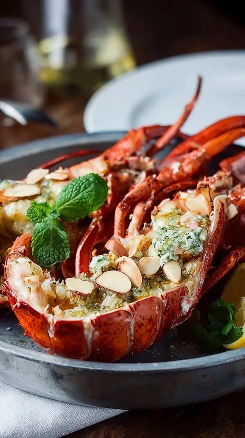 Homard mi-cuit au beurre à la menthe et aux amandes, plat gourmet