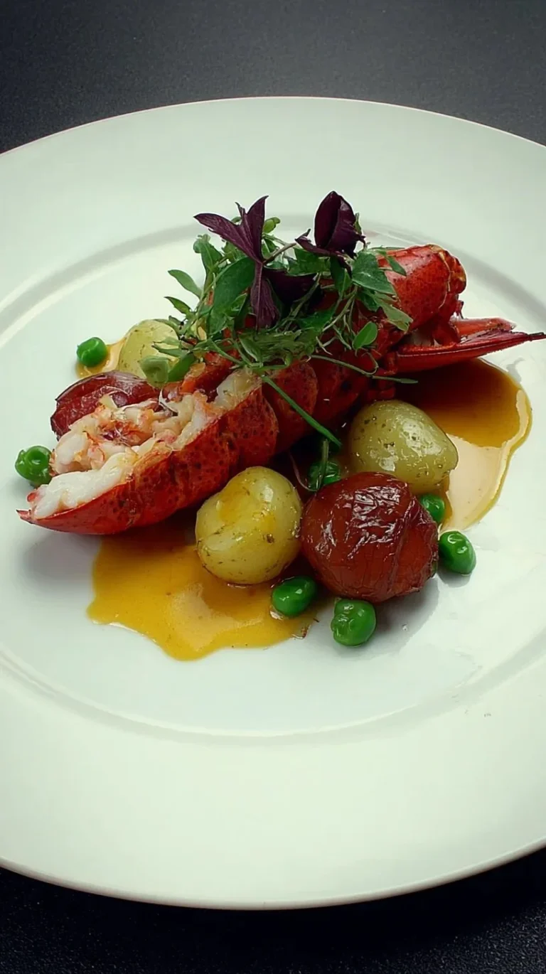 Plat de homard avec pommes de terre fondantes, petits pois, shiso pourpre et sauce américaine