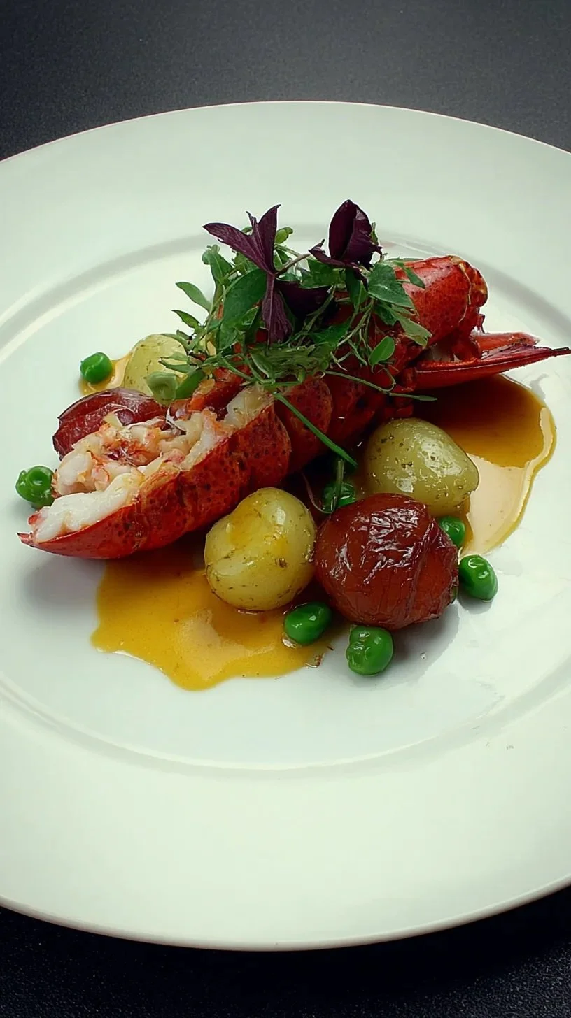 Plat de homard avec pommes de terre fondantes, petits pois, shiso pourpre et sauce américaine