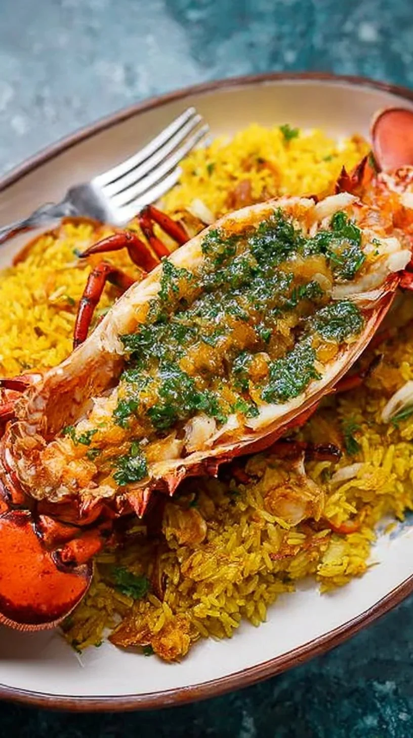 Homard rôti au beurre anisé avec riz sauté au curcuma et amandes.