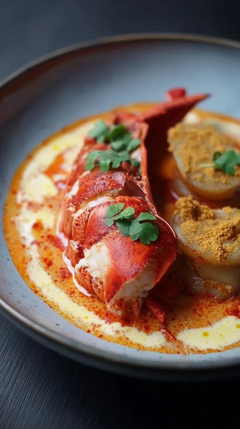 Homard rôti sur un bouillon thaï à la noix de coco, plat gourmet.