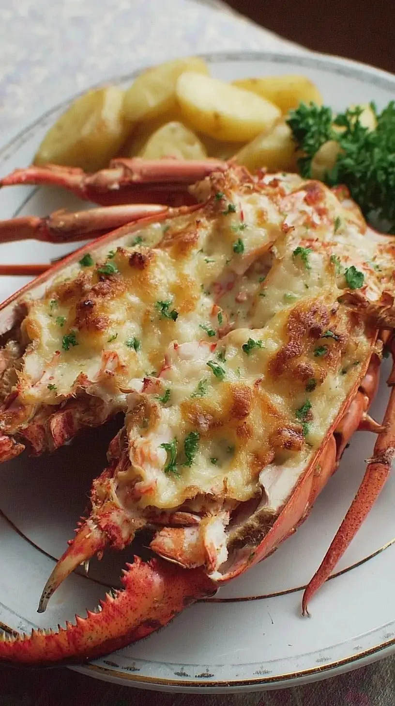 Plat de homard thermidor garni, prêt à être servi.